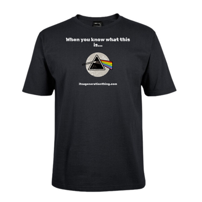 Black t-shirt with a graphic design and text on a white background