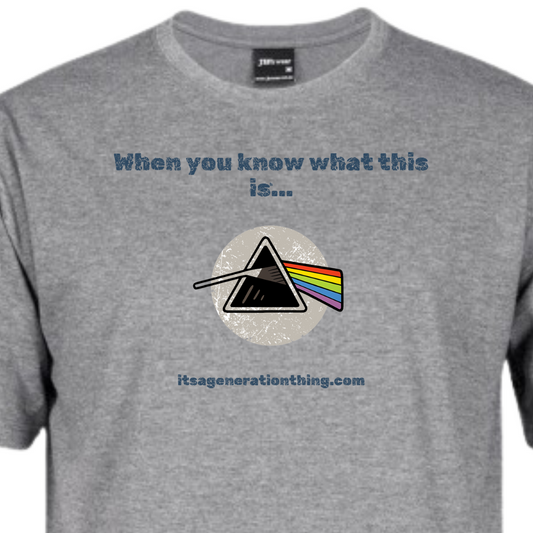 Gray t-shirt with a graphic design and text on a white background