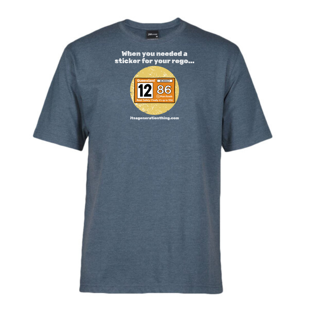 Blue t-shirt with a vintage-style registration sticker graphic and text on a white background