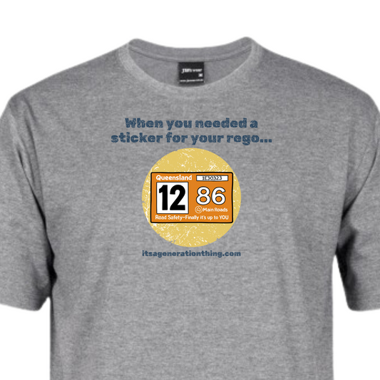 Gray t-shirt with a yellow sticker design on a white background