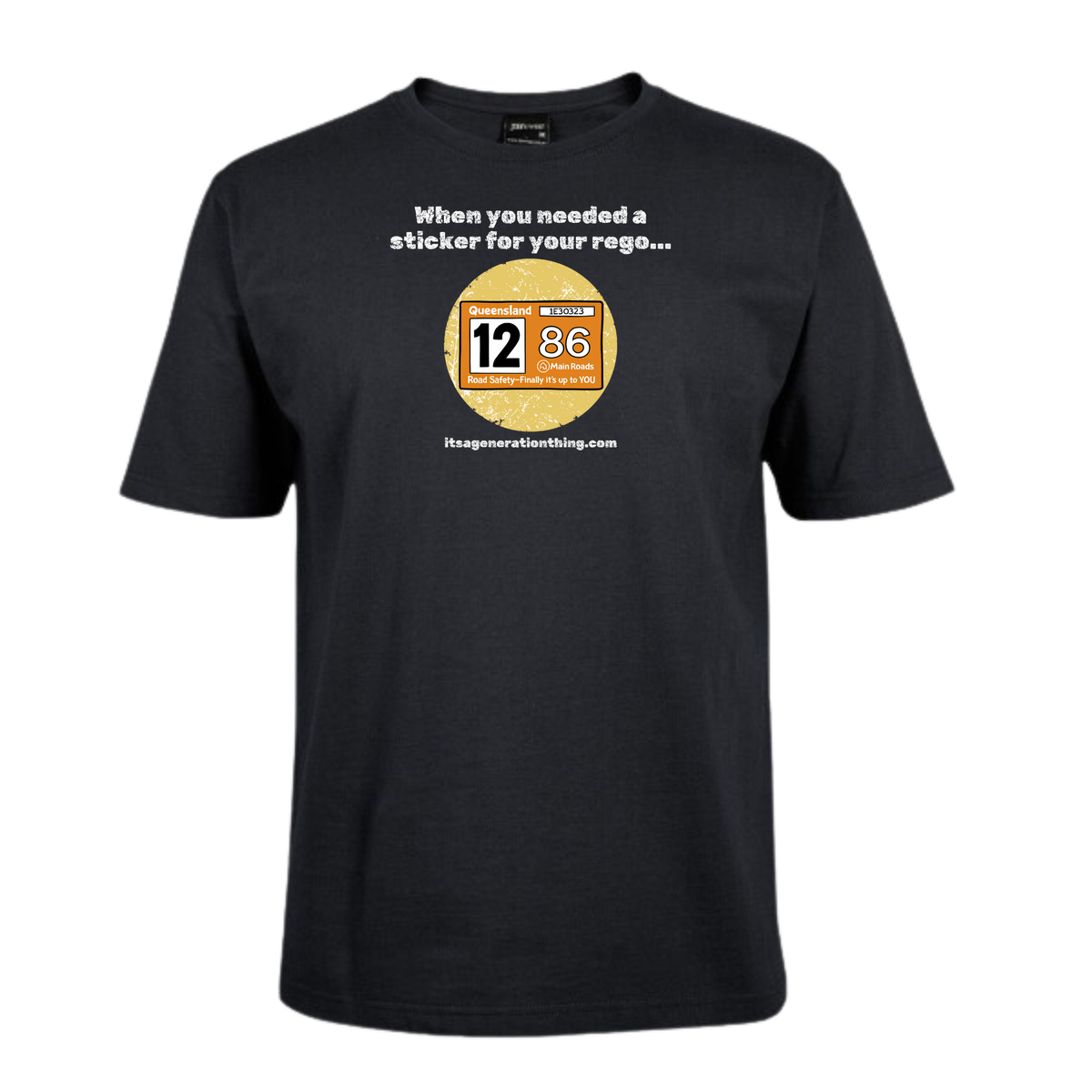 Black t-shirt with a yellow sticker design and text on a white background