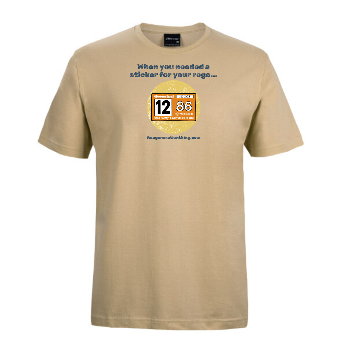 Beige t-shirt with a graphic design on a white background