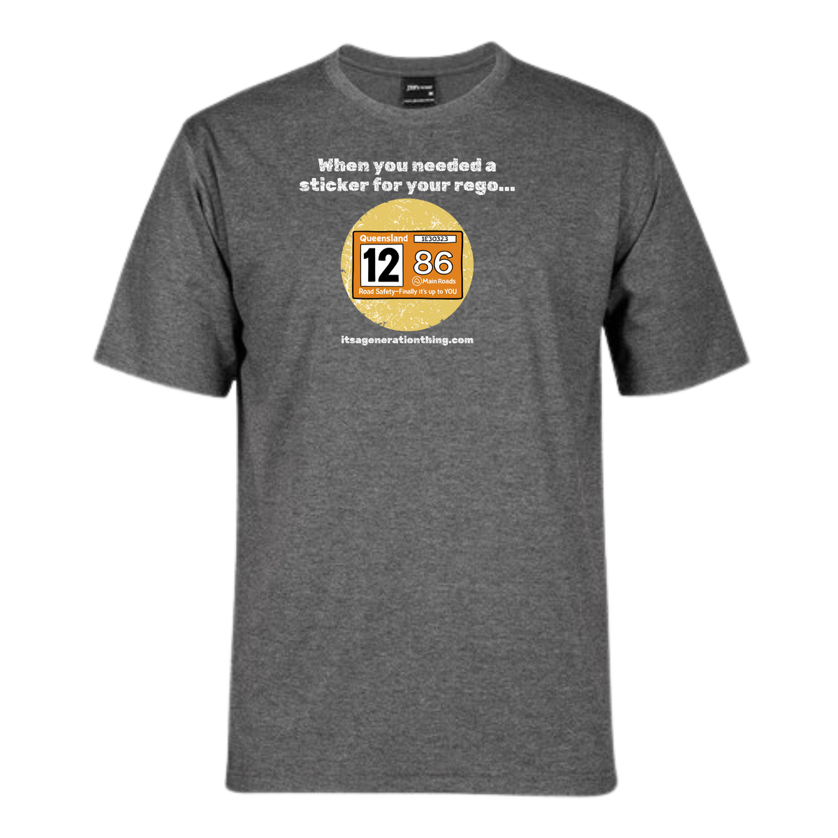 Gray t-shirt with a graphic and text on a white background