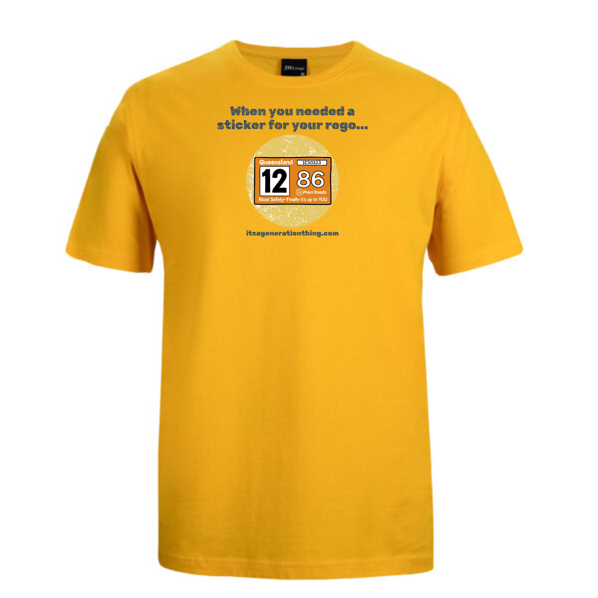 Yellow t-shirt with text and number design on a white background