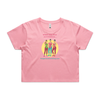 Pink t-shirt with graphic design and text on a white background