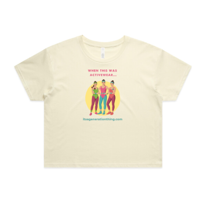 Beige t-shirt with graphic design and text on a white background
